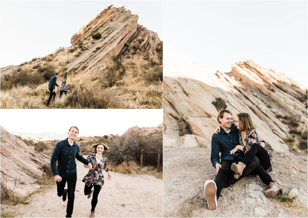 southern california engagement photos locations; couple at vasquez rocks hanging out