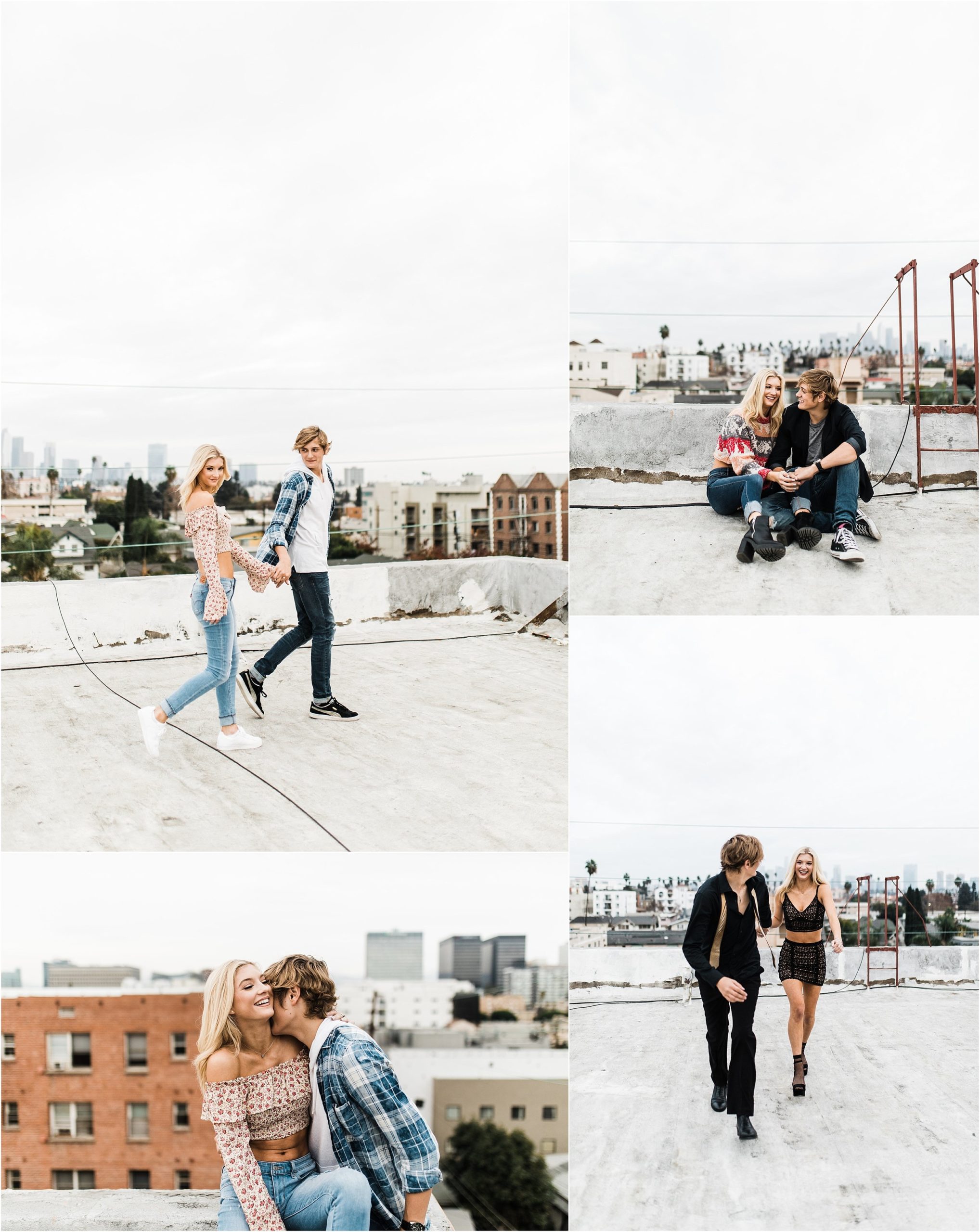 southern california engagement photos locations; couple hanging out on rooftop in los angeles taking engagement photos