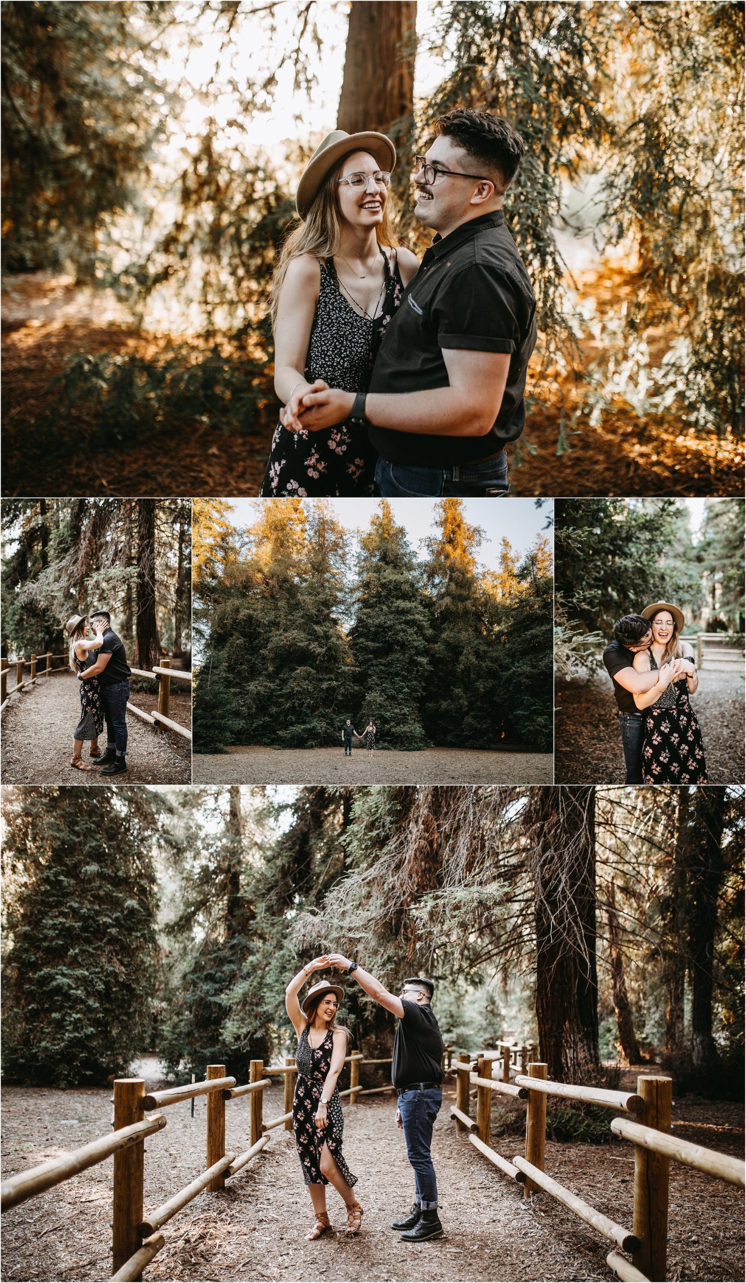 southern california engagement photos locations; couple dancing at the redwoods in carbon canyon regional park
