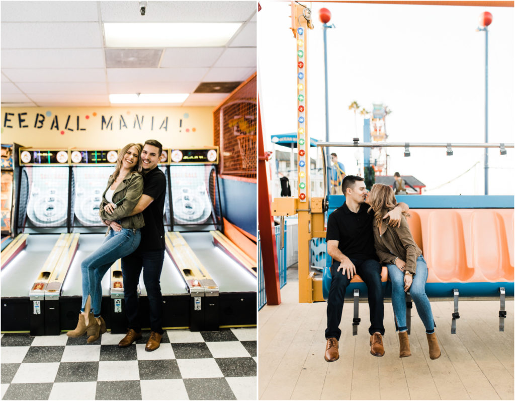 southern california engagement photos locations; couple hanging out at an arcade on balboa island in newport beach, ca