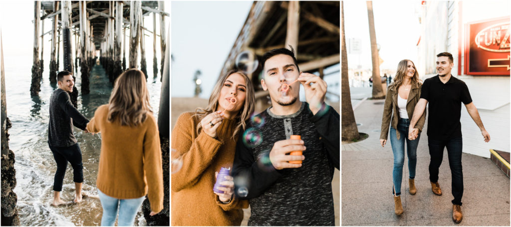 southern california engagement photos locations; couple blowing bubbles at the beach
