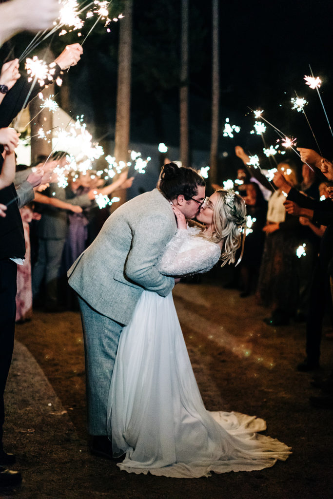 Redfish Lake Lodge wedding photography ; bride and groom kiss surrounded by sparklers