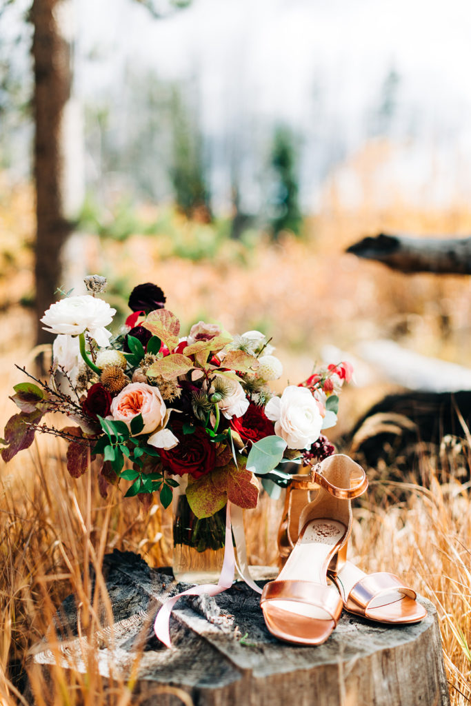 Redfish Lake Lodge wedding photography ; bouquet of flowers in a field