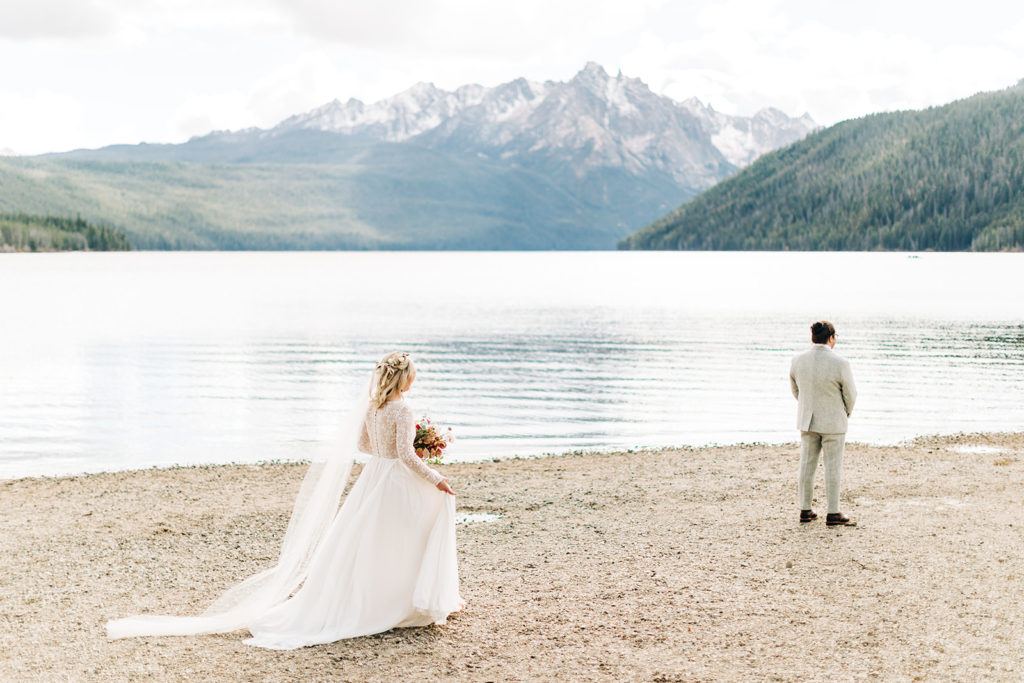 Redfish Lake Lodge wedding photography ; bride and groom first look
