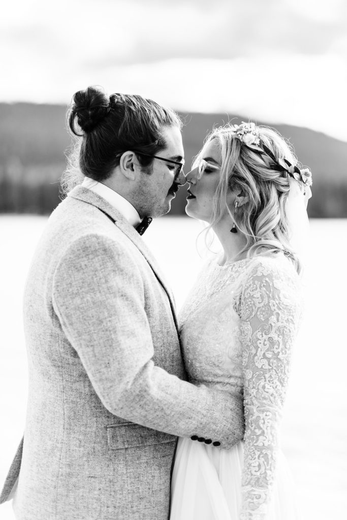 Redfish Lake Lodge wedding photography ; black and white photo of bride and groom