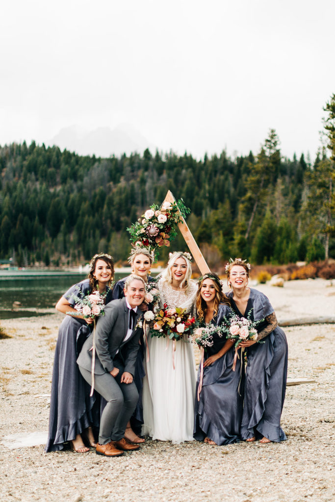 Redfish Lake Lodge wedding photography ; bridal party smile together