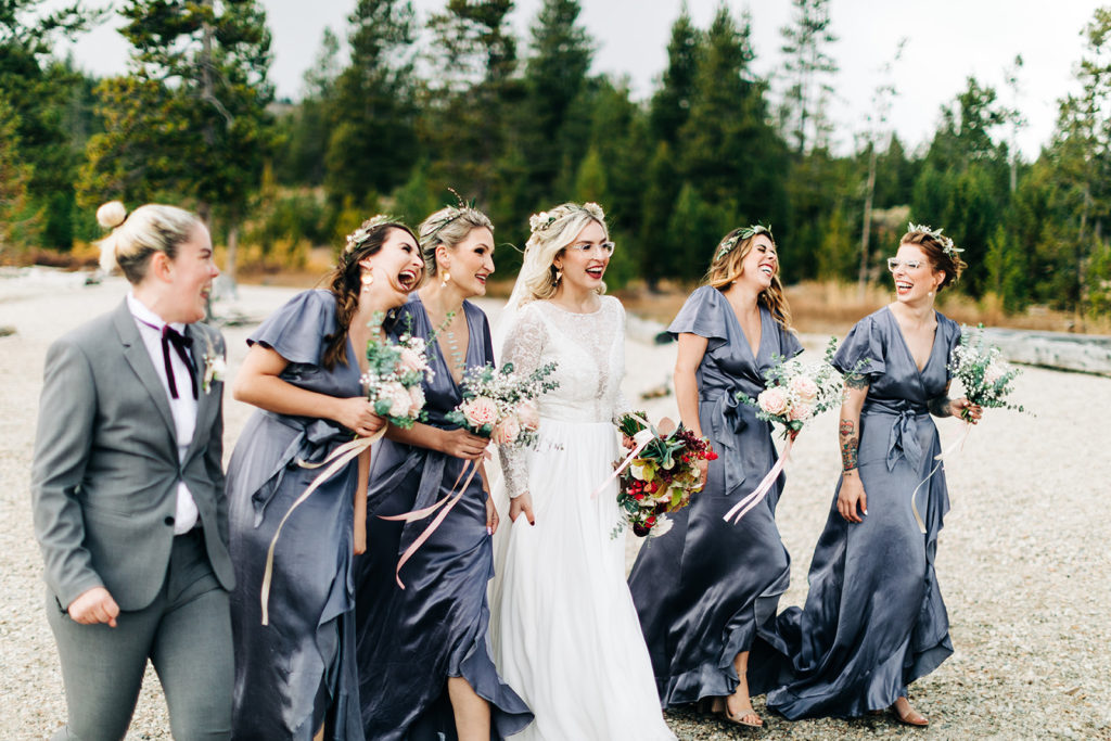 Redfish Lake Lodge wedding photography ; bridal party in silver dresses
