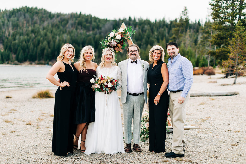 Redfish Lake Lodge wedding photography ; bride and groom posing with family