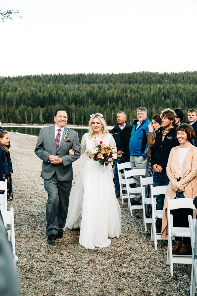 Redfish Lake Lodge wedding photography ; father of the bride walks bride down aisle