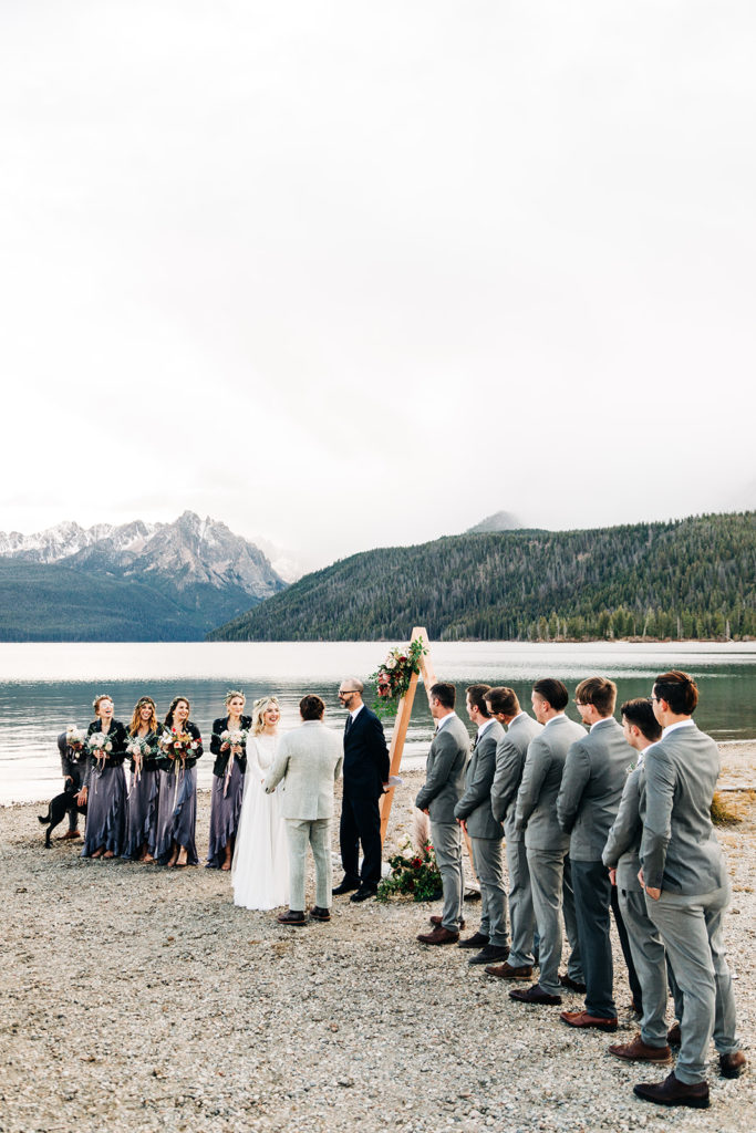 Redfish Lake Lodge wedding photography ; panoramic view of wedding ceremony