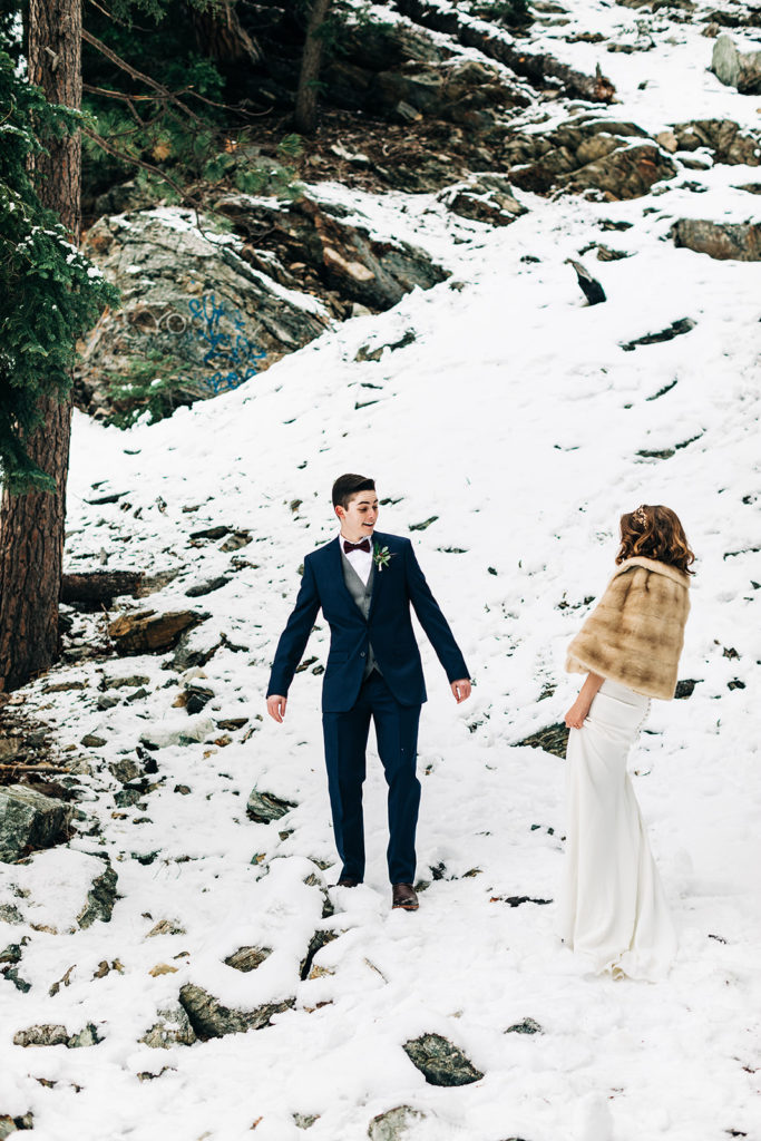 Mt. Baldy wedding photography ; groom turns around for first look