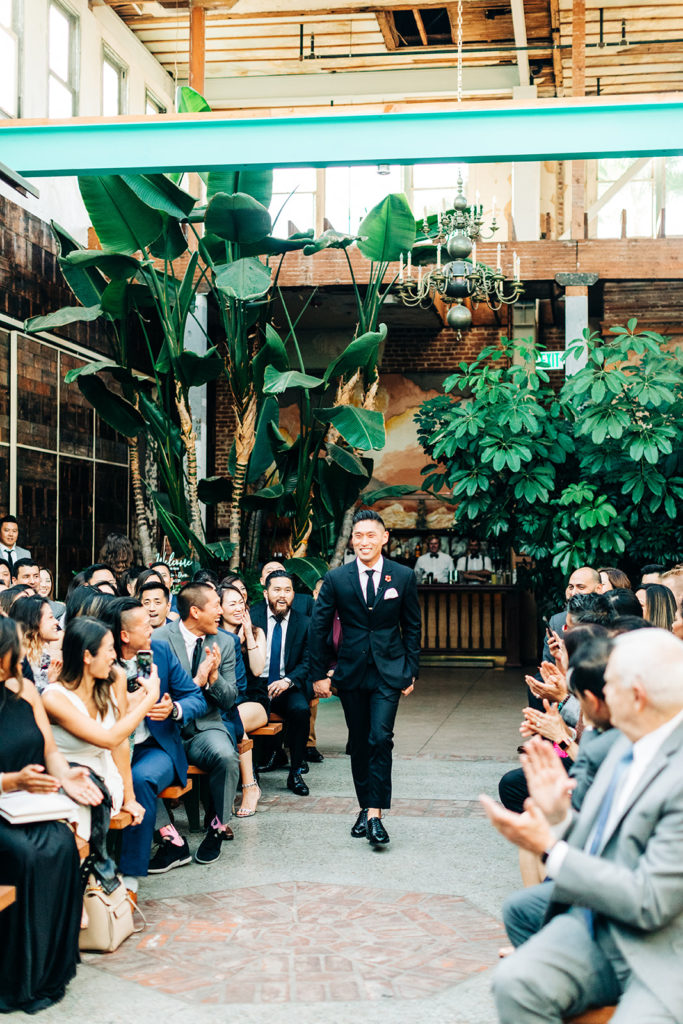 Valentine DTLA Wedding, Los Angeles wedding photographer; groom walking down the aisle
