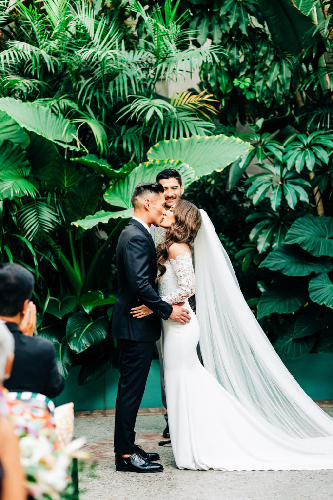 Valentine DTLA Wedding, Los Angeles wedding photographer; bride and groom kissing on their wedding day