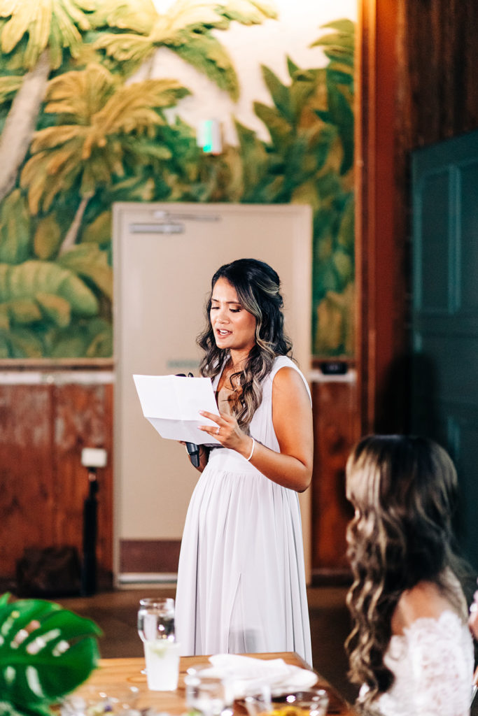 Valentine DTLA Wedding, Los Angeles wedding photographer; bridesmaid reading her speech during the reception