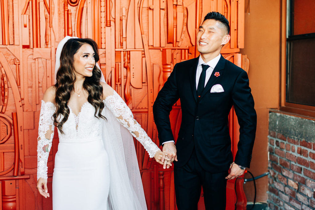 Valentine DTLA Wedding, Los Angeles wedding photographer; bride and groom turning around to see each other on their wedding day for the first time