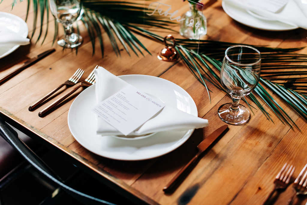 Valentine DTLA Wedding, Los Angeles wedding photographer; closeup of napkins and dinner menu list on the table