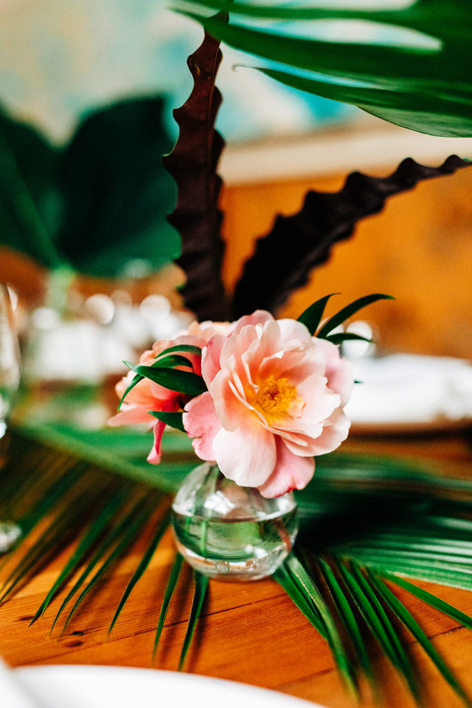 Valentine DTLA Wedding, Los Angeles wedding photographer; detail shot of flowers on the dinner table centerpiece