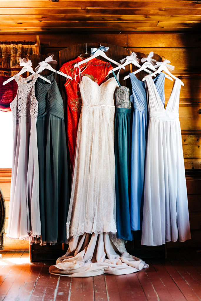 The Gold Mountain Manor In Big Bear, CA wedding photography; bride's dresses hanging