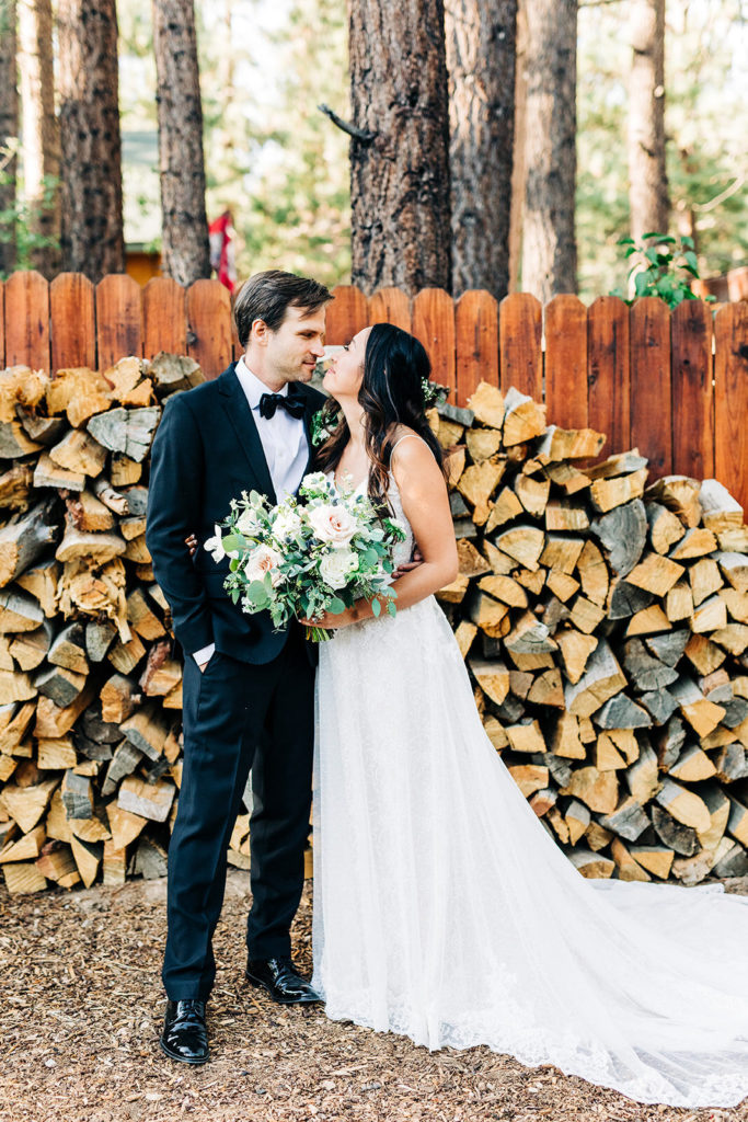 The Gold Mountain Manor In Big Bear, CA wedding photography; bride and groom posing