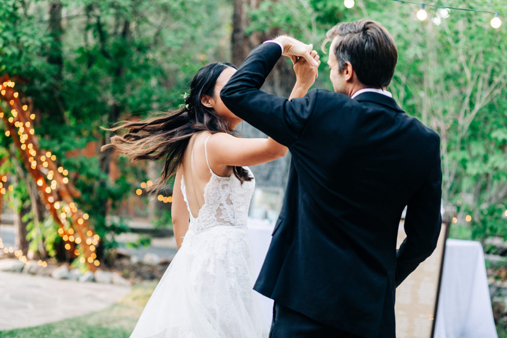 The Gold Mountain Manor In Big Bear, CA wedding photography; bride and groom dancing
