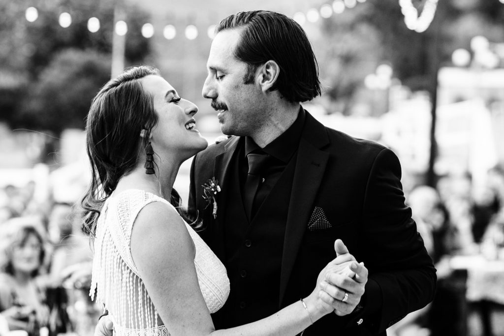 Sweet Pea Ranch In Upland, CA wedding photography; black and white photo f bride and groom while dancing
