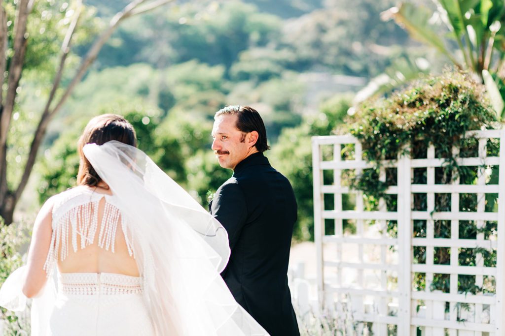 Sweet Pea Ranch In Upland, CA wedding photography; bride and groom looking at each other