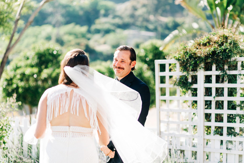 Sweet Pea Ranch In Upland, CA wedding photography; bride and groom looking at each other
