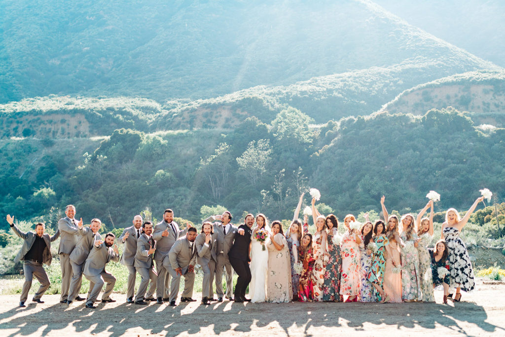 Sweet Pea Ranch In Upland, CA wedding photography; bride and groom group photo with groomsmen and bridesmaids