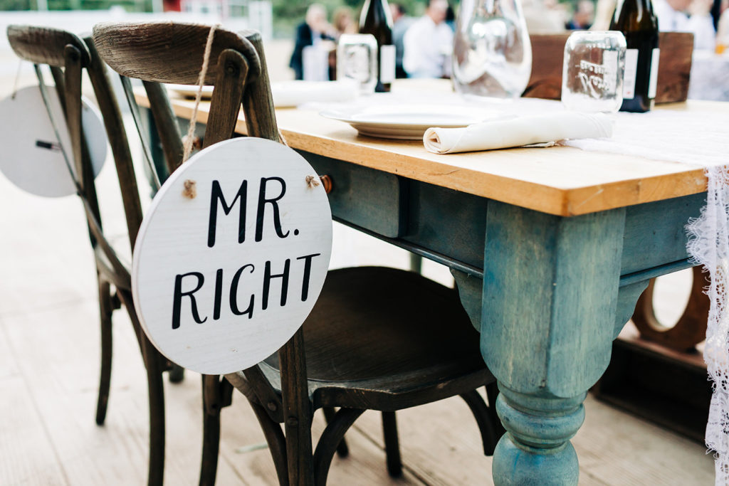 Sweet Pea Ranch In Upland, CA wedding photography; Mr right plate hanging on the chair of food table