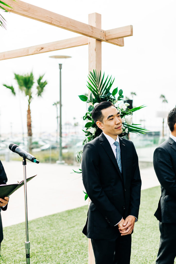 Pasea Hotel & Spa in Huntington Beach, CA wedding photography; groom waiting for her bride