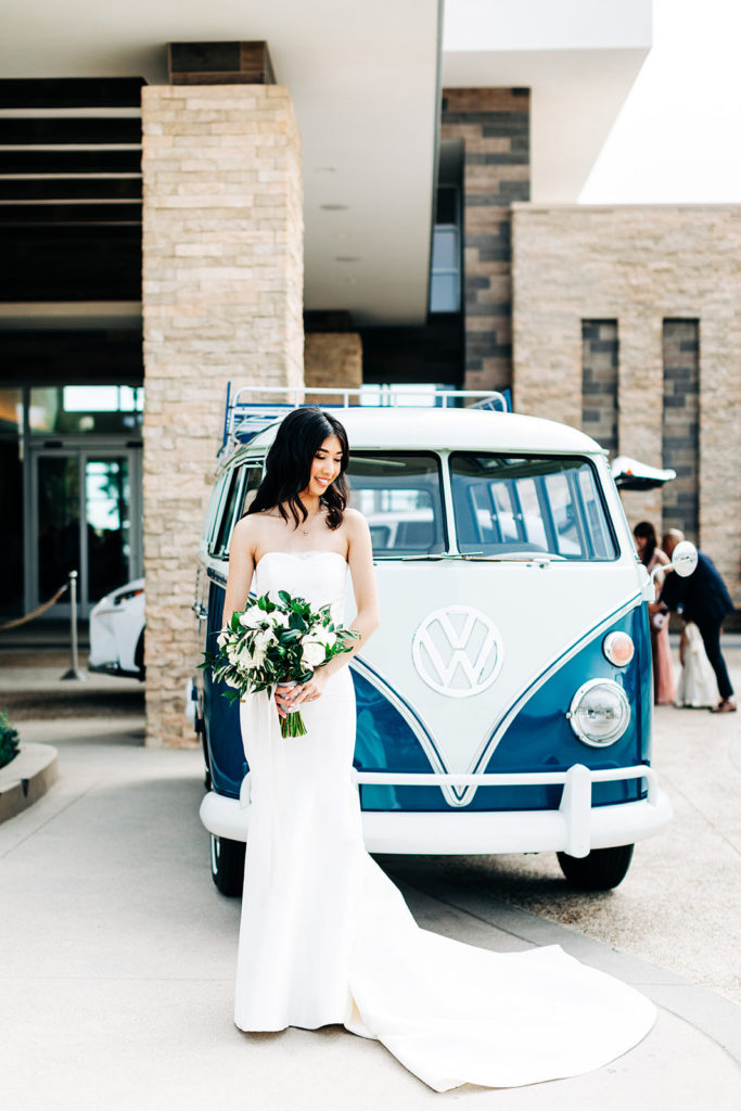 Pasea Hotel & Spa in Huntington Beach, CA wedding photography; bride's lovely photograph in front of VW