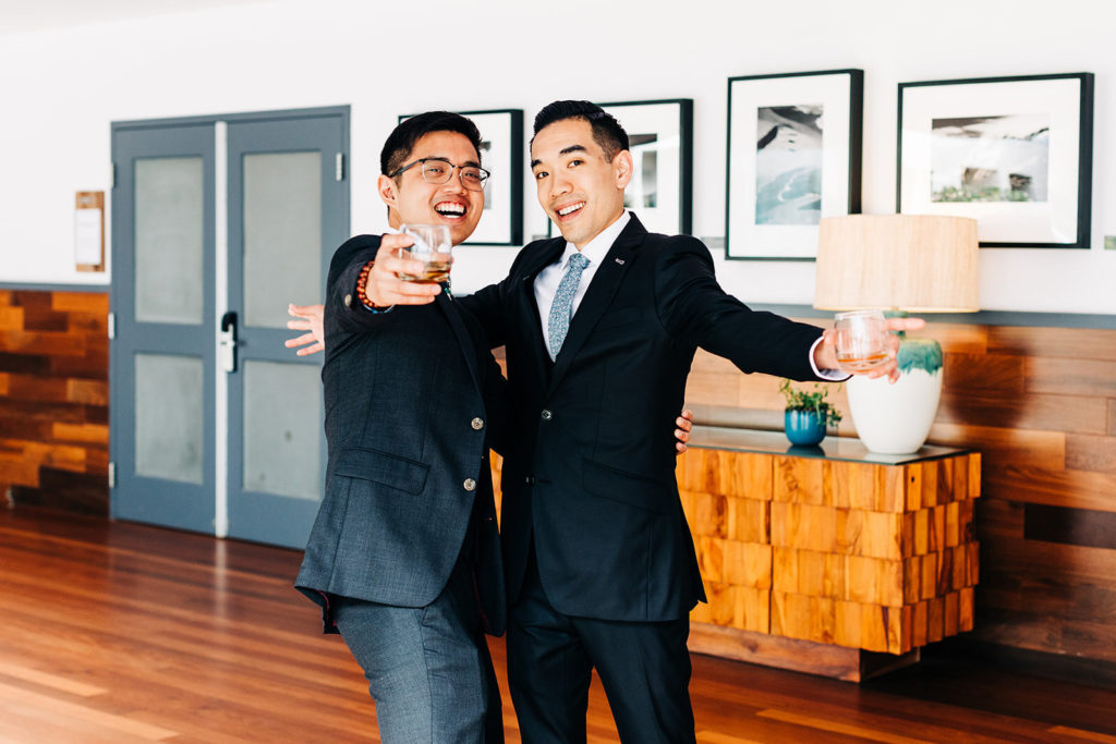 Pasea Hotel & Spa in Huntington Beach, CA wedding photography; groom posing for camera with his friend