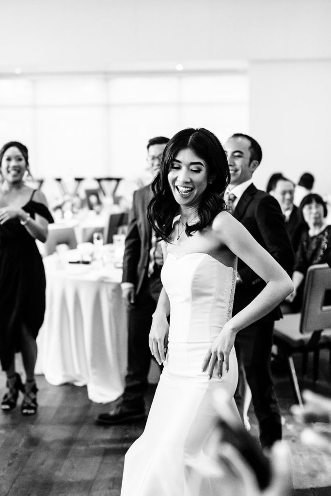 Pasea Hotel & Spa in Huntington Beach, CA wedding photography; black and white photo of bride while dancing