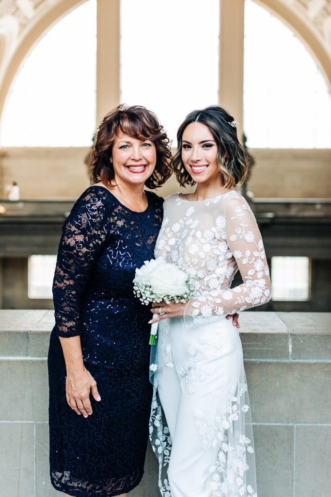 City Hall in San Francisco, CA wedding photography; bride with her mother