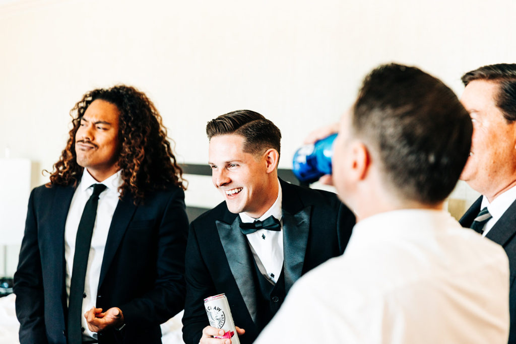 Colony house in Anaheim, CA wedding photography; groom with his friends