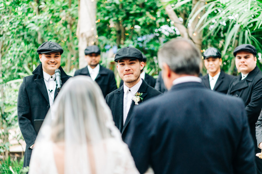 Hartley Botanica wedding photography; groom stares at bride for the first time