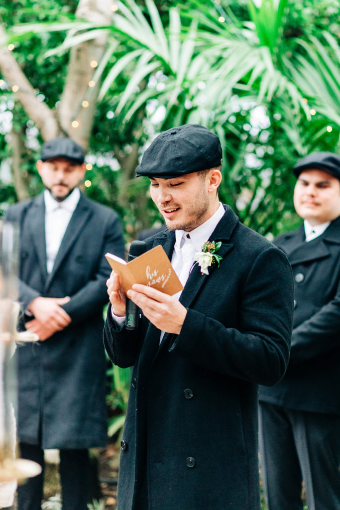 Hartley Botanica wedding photography; groom speaking at ceremony