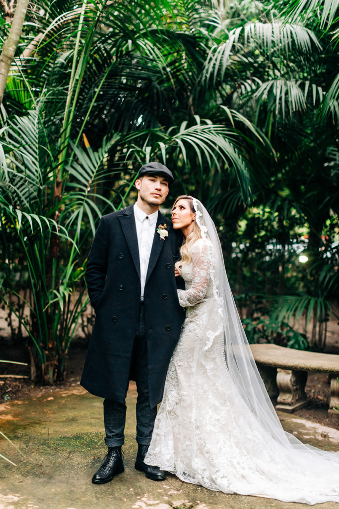 Hartley Botanica wedding photography; bride stares up at groom