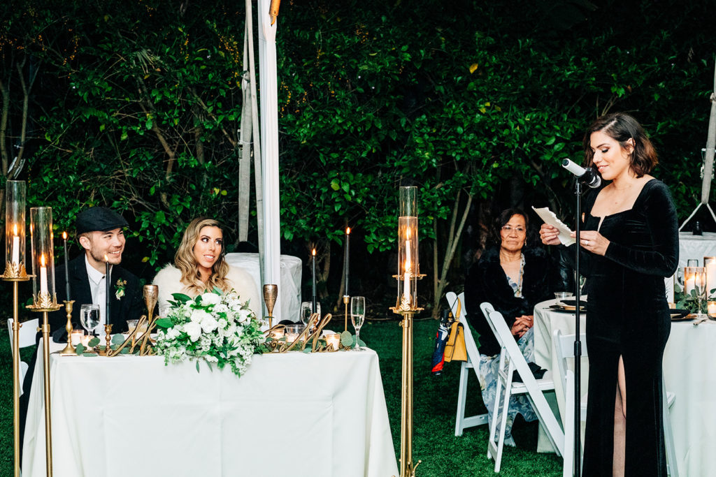 Hartley Botanica wedding photography; bride watching bridesmaid speech at reception
