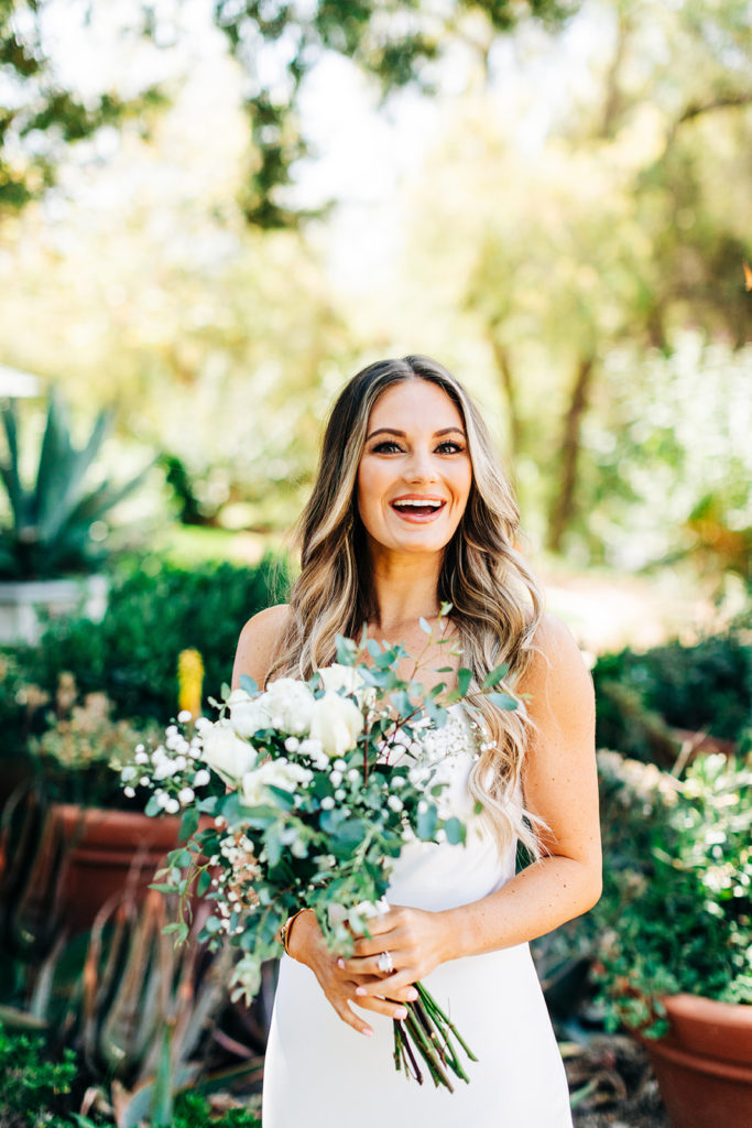 portrait of a bride and her flowers on her wedding day; orange county elopement photographer