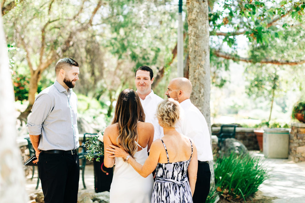 bride with her parents at her outdoor wedding; orange county elopement photographer