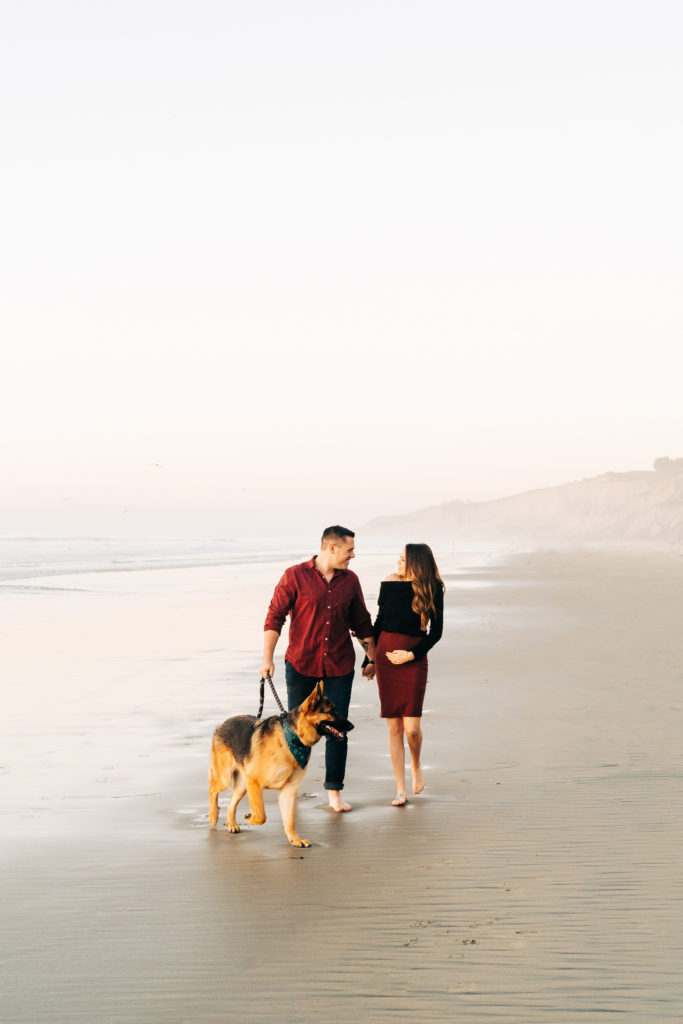 black's beach engagement photos; san diego wedding photographer; a couple walking on the beach, they are holding hands, they have their dog with them