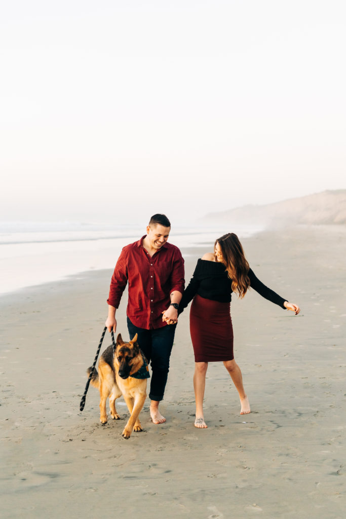 black's beach engagement photos; san diego wedding photographer; a couple walking with their dog on the beach