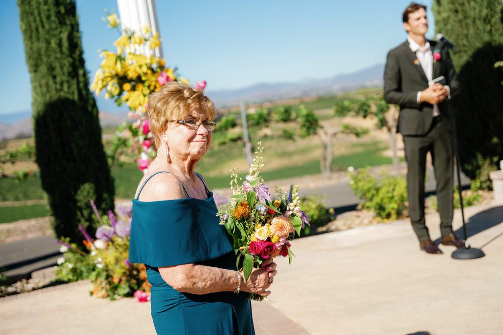 Grandma as the best person at a gay wedding; gay wedding in temecula at mount palomar winery