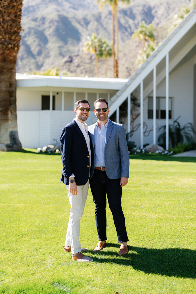 palm springs engagement photos; a gay couple smiling at the camera during their engagement session