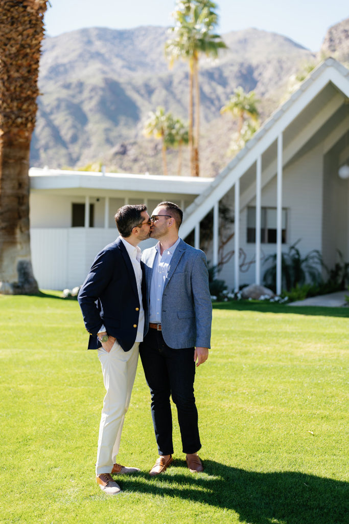 palm springs engagement photos; a gay couple kissing